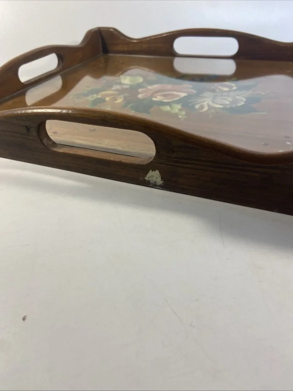 Vintage Wooden Serving Tray 12.5 x 13.75 Hand Painted Floral Scalloped Edges